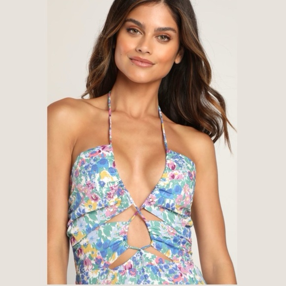 NWT Lulus Stun the Sun Blue Multi-Floral Drawstring Halter Midi Dress MSRP$88 - Picture 7 of 16